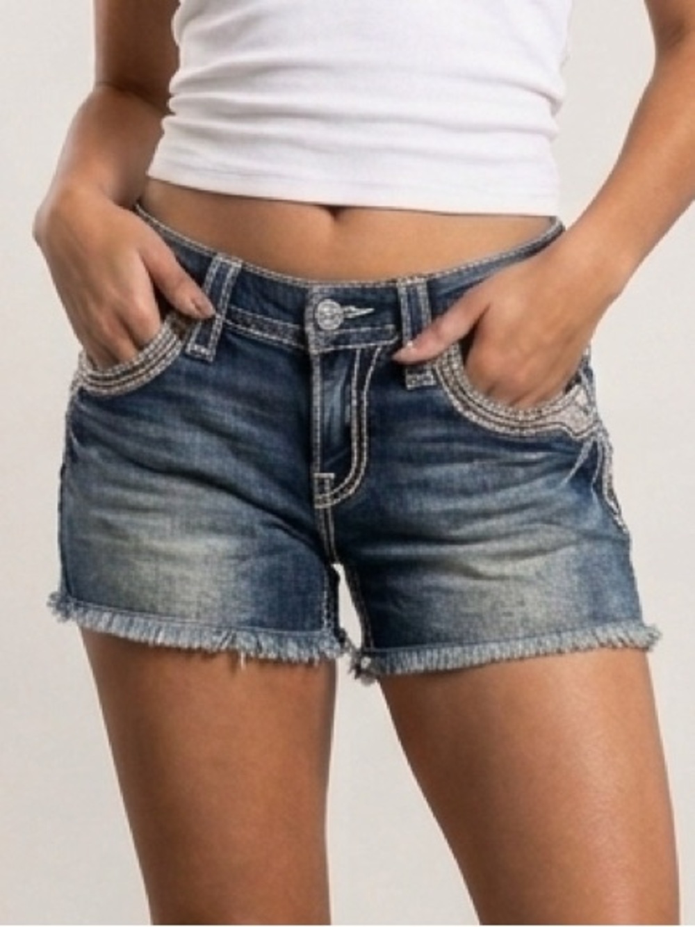Rock Revival Distressed Blue Denim Jean Shorts with Frayed Hem